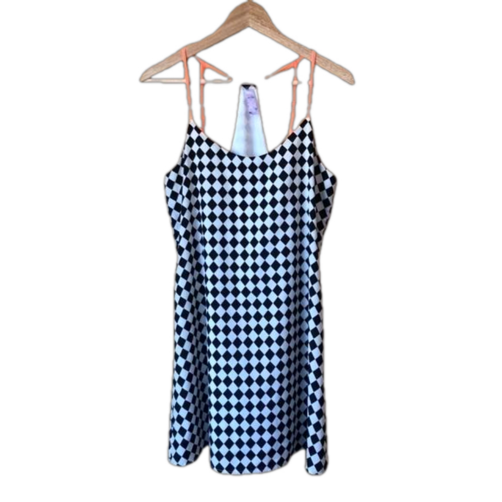 ALYA retro black white racing checker neon coral strap dress size small
